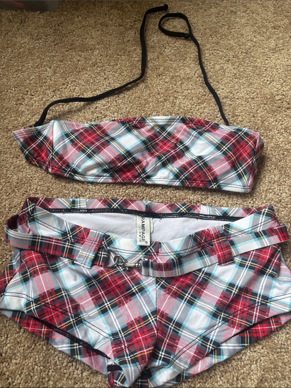 Rampage Red, Black, White plaid Bandeau Bikini with Belted Boy Shorts Small